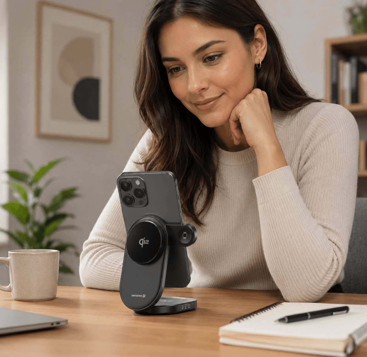 Swissten MagBase 3-in-1 magnetic wireless charger on a desk